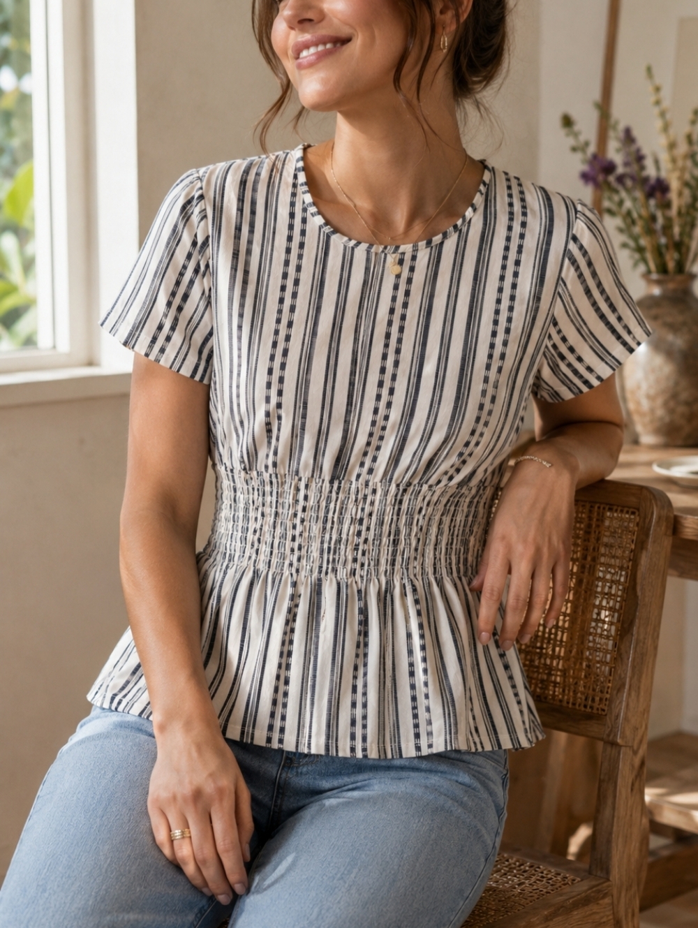 Striped- Smocked Waist- Short Sleeve Top - Navy & Creme NEW